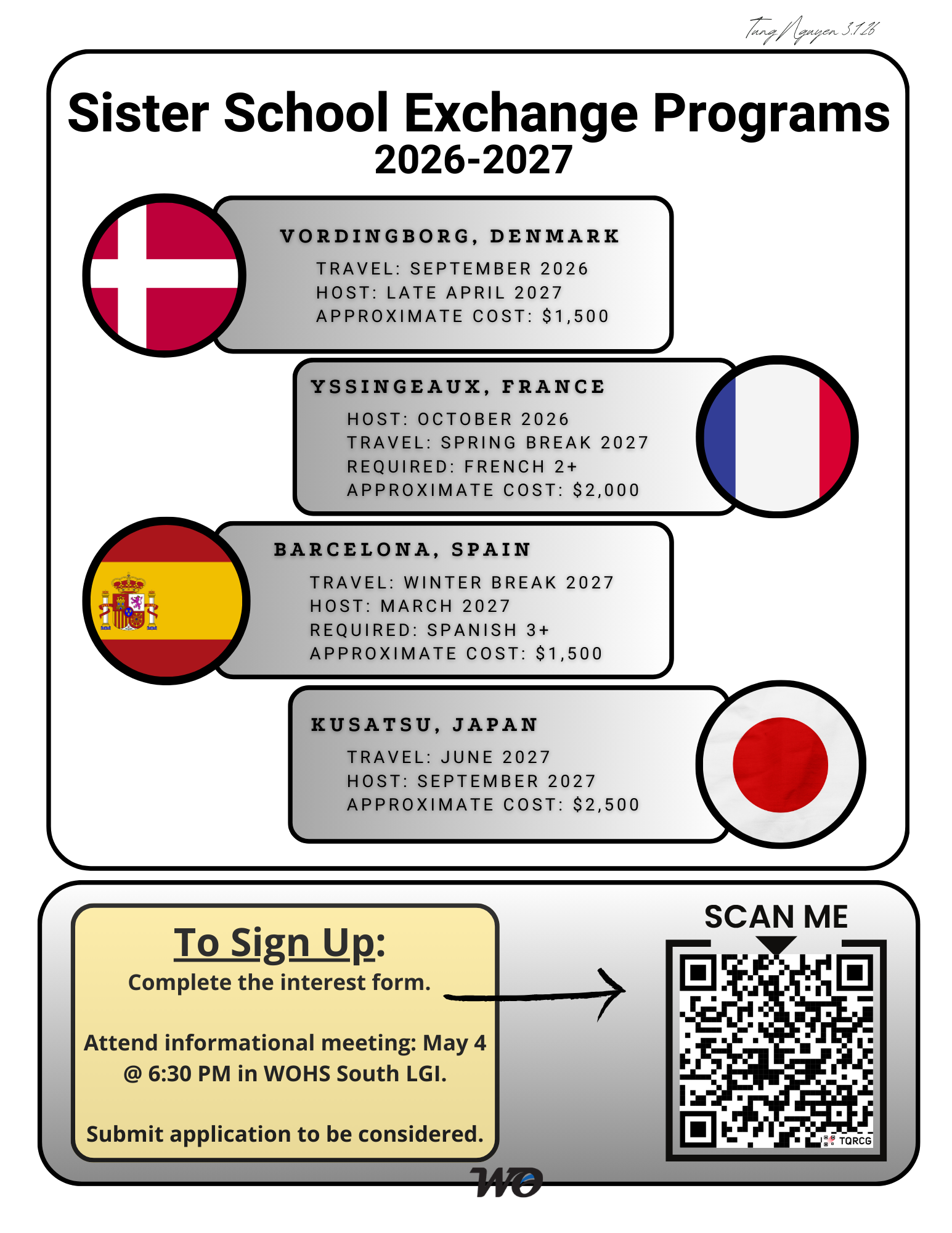 Flyer showing WO sister school exchange opportunities and how to sign up for the 2026-27 school year.